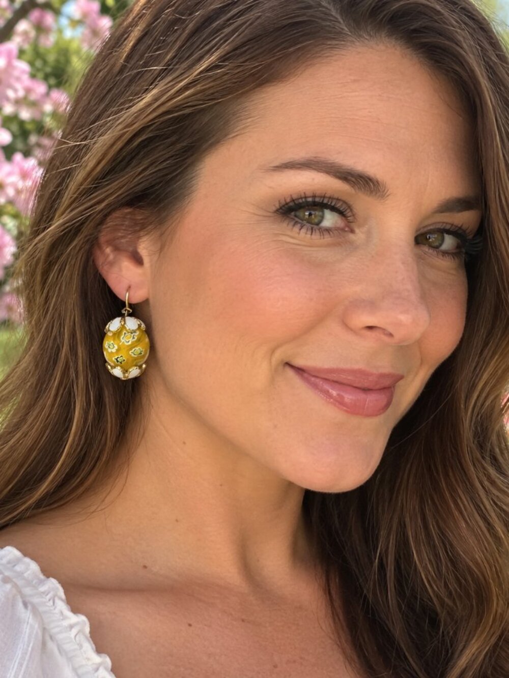 Yellow Millefiori Earrings with Gold Cloissione Bead Cap Accents 2/$22
